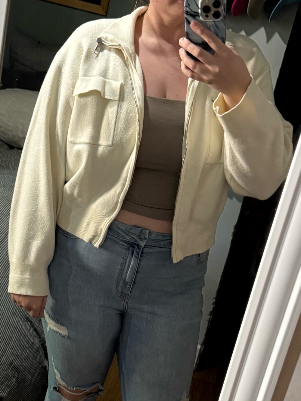 Cream Zip Up Bomber Jacket – Soft Minimalist Style